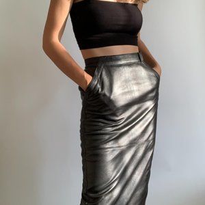 Vintage Black Leather Slim Midi Skirt by John F